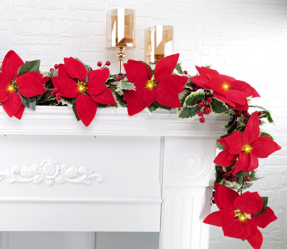 2 Pack Poinsettia Garland Christmas Decorations, Velvet Silk Artificial Flowers 6ft Garland with Red Berries and Holly Leaves for Indoor Outdoor Party Tree Decor