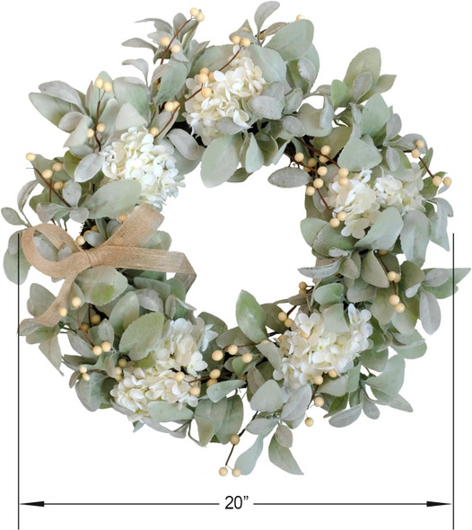 Idyllic 20 Inch Lambs Ears Leaves Everyday Wreath with Ivory Hydrangea and Cream Berries, Spring Summer Greenery Wreath with Burlap Ribbon Bow Knot for Doors, Rustic and Farmhouse Style Home Decor
