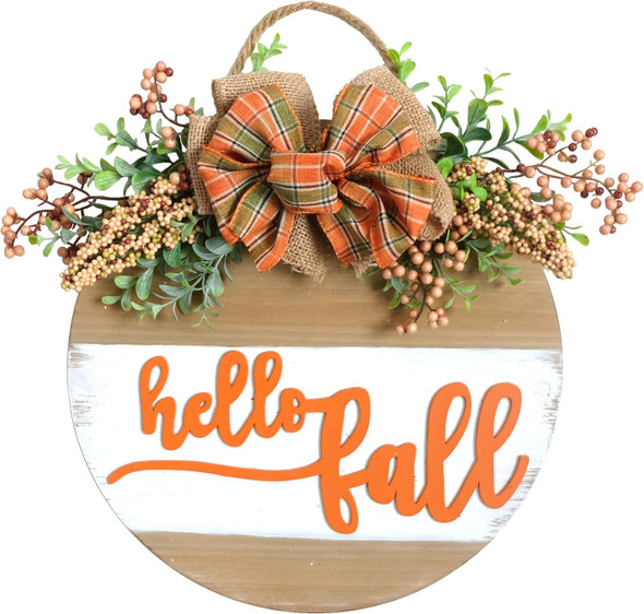 Welcome Sign for Front Door 12" Wood Wreath Farmhouse Door Sign for Front Door Porch Decor with Green Leaves, Berry & Buffalo Bow