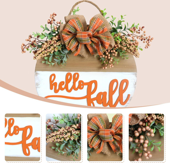 Welcome Sign for Front Door 12" Wood Wreath Farmhouse Door Sign for Front Door Porch Decor with Green Leaves, Berry & Buffalo Bow