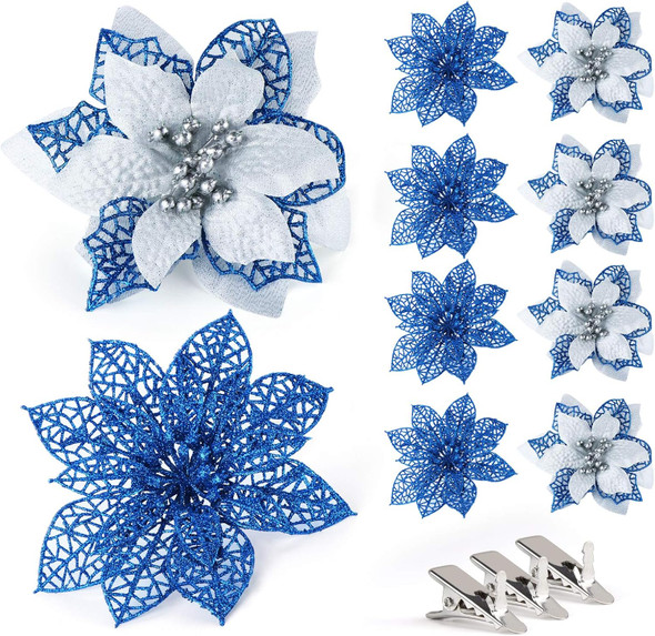 ilauke 24Pcs Poinsettias Artificial Christmas Flowers, 6" Glitter Artificial Christmas Flowers with 30 Sliver Clips, for Xmas Tree Ornaments Wedding Party Wreath Decor (Blue)
