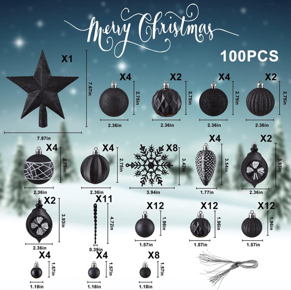 ILLUMI 100Pcs Christmas Ornaments Set, Shatterproof Christmas Ball Ornaments, Xmas Seasonal Decorative Assorted Baubles Pendants for Christmas Tree Party Holiday Indoor Decor (100Pcs Black-)