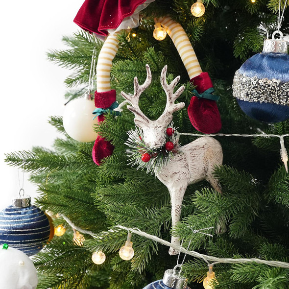 iPEGTOP 4Pcs Christmas Reindeers Deer Figurine Decor, 8.5" White Rustic Winter Deer with Pine Branch Wreath Red Berries Collar, Christmas Elk Tabletop Standing Statues Decorations