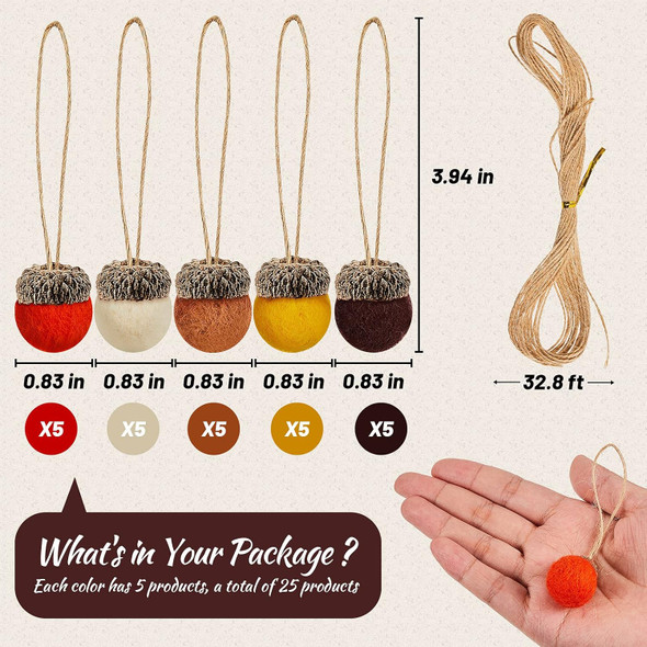 25 Pieces Thanksgiving Felt Acorn Ornaments Wool Felted Acorn Garland Felt Balls Pom Acorns Farmhouse Acorn with 32.8 Feet Rope for Fall Christmas Tree Mantel Decoration (Mixed Color)