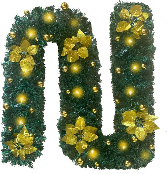 9ft Lighted Christmas Garland Artificial Pine Garland with 30 LEDs 6 Flowers and 30 Ball Ornaments Mantle Garland Greenery Garland for Christmas Holiday Party Wedding Home Decor (Gold)