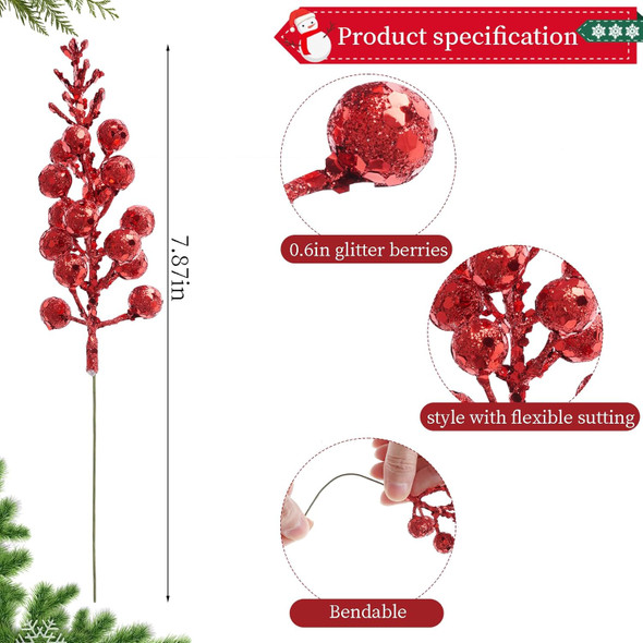 36pcs Glitter Berries Stems, 7.9 Inch Christmas Berries Stems Glitter, Artificial Berry Picks Christmas Red Berries Stems for Vases for Decoration Christmas Tree Wreath