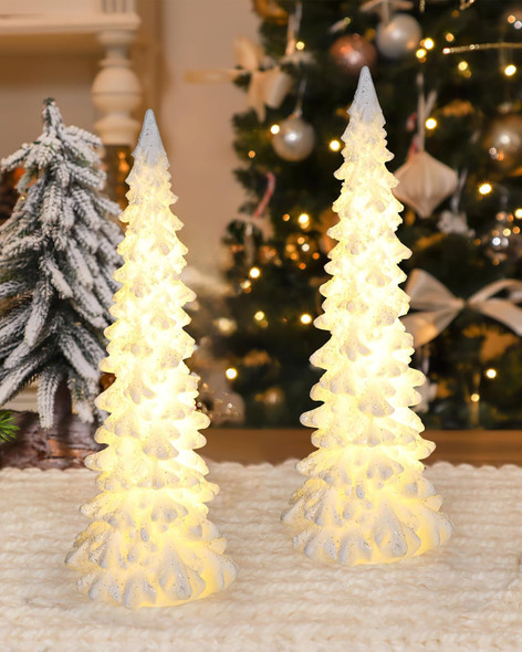 iStatue Tabletop Christmas Tree Decoration 8.3'' Tall - Set of 2 Mini White Resin LED Trees with Intricate Details Figurines - Indoor Holiday Light Decor and Xmas (Trees)