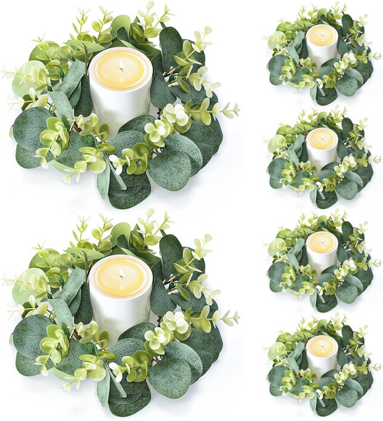 6Pcs Candle Rings, Artificial Eucalyptus Wreath Candles Wreaths, Small Greenery Farmhouse Wreath for Door Wedding Centerpieces Home Party Table Decor, 4" ID / 9.8" OD