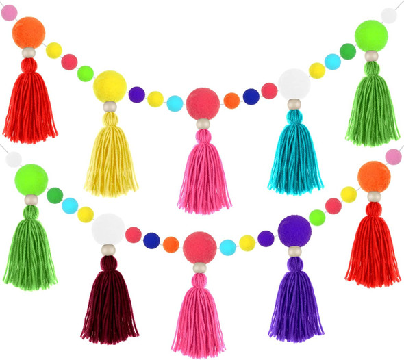 Rainbow Pom Pom Tassel Garland Banner Spring Colorful Pompom Wall Hanging Boho Tassel Garland Decor for Classroom Home Nursery Baby Shower Party Supplies(2 Pcs)