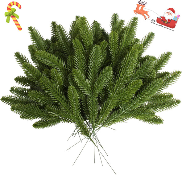 48 PCS Artificial Pine Branches, Christmas Greenery Stems Faux Pine Needles Christmas Picks and Sprays Christmas Tree Filler Branches Decorations, DIY Accessories for Wreath Garland Holiday Home Decor