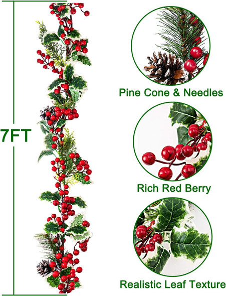 Jelofly 7FT Red Berry Christmas Garland with Pine Cone Needle Garland Christmas Xmas Decorations Indoor Outdoor Garden Gate Home Fireplace Decoration Winter Christmas Holiday Year Decor