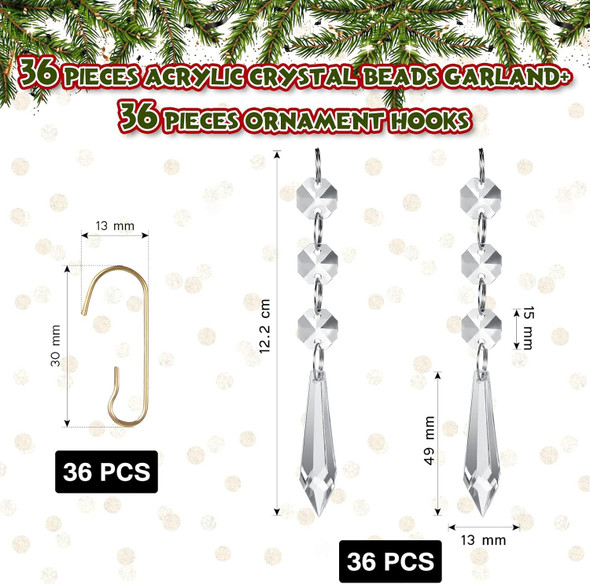 Jetec 36 Pcs Crystal Christmas Tree Ornaments Clear Glass Hanging Ornaments for Centerpieces Icicle Prisms Crystal Chandelier Bead Garland Crystal Ornament for Xmas Tree Window Home Decoration