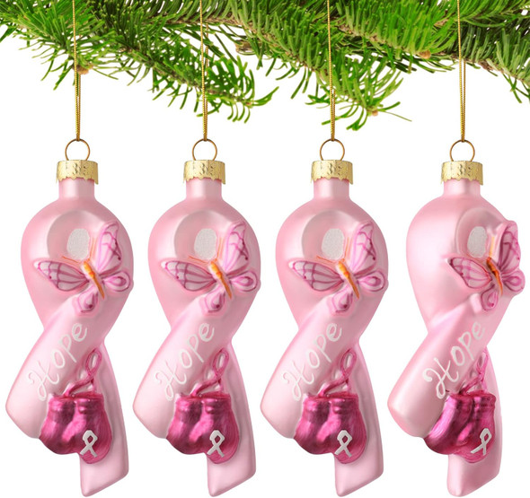 Jetec 4 Pieces Christmas Glass Ornament Breast Cancer Awareness Pink Ribbon Blown Ornament Decoration Hanging Breast Cancer Ornaments for Christmas Tree Pink Hope Ribbon Ornament with Butterfly Gloves