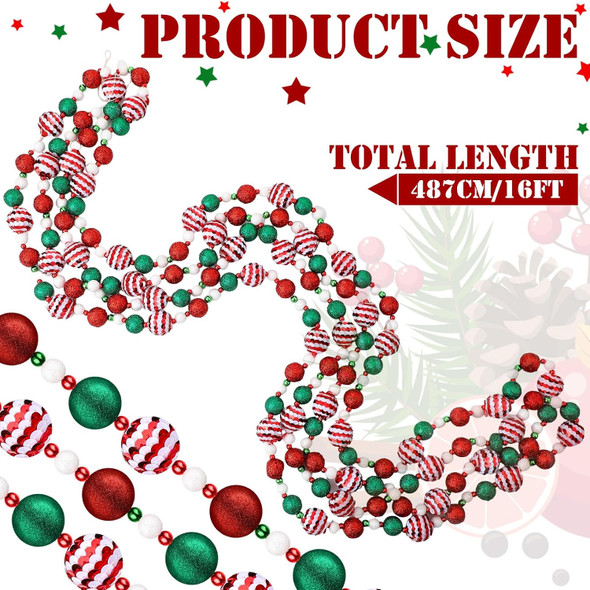 16 Ft Christmas Tree Garland Christmas Ball Garland Red White Beaded Garland Colorful Garland for Christmas Tree Hanging Christmas Ornament Garland Retro Christmas Decorations for Xmas Party (Sequin)