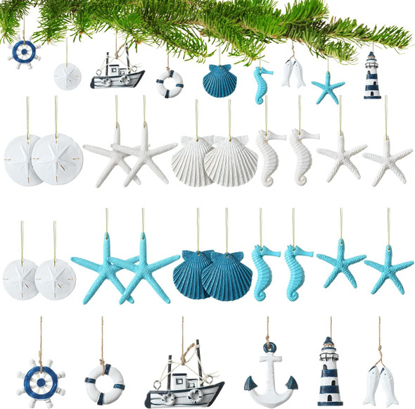 Jetec 26 Pcs Resin Starfish Ornaments Bulk Beach Wedding Bathroom Wall Decor Seashell Sand Dollars Beach Coastal Theme Summer Tree Fish Net Decor