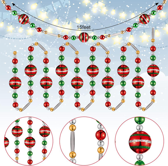 15 Feet Christmas Tree Garlands Glitter Multicolor Balls Garland Peppermint Candy Bead Garland Red Green Silver Gold Hanging Beads Garland for Fireplace Christmas Tree Decorations (Classic Style)