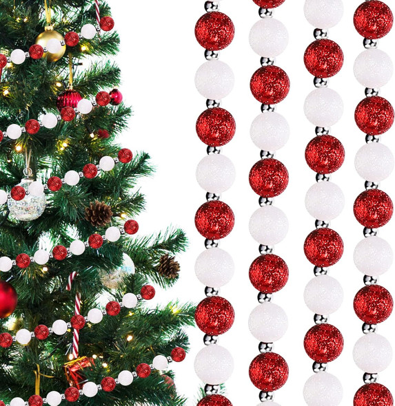 Jetec Christmas Candy Garland Multi Color Glitter Beaded Garland Candy Beads Tree Garland Red and White Plastic Beads Garland for Fireplace Christmas Tree Decorations(20 ft,White, Red, Silver)