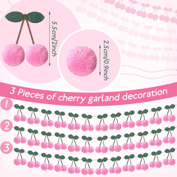 Jexine 3 Pieces Cherry Garland Decoration Christmas Cherries Birthday Decoration Christmas Pompom Felt Bunting Cherries 6.6 Ft Garland Colorful DIY Fruit Hanging for Baby Birthday Wedding(Pink)
