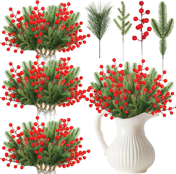 400 Pcs Artificial Pine Needles Branches and Artificial Red Berry Stems Fake Greenery Pine Picks Christmas Red Berry Picks Holly Berries Branches Christmas Fake Tree Branches for DIY Garland Wreath