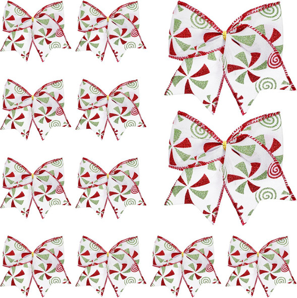 12 Pcs Red Green Christmas Bows, 5.9“ Christmas Tree Candy Wreaths Bows, Xmas Elf Tree Dot Bows Peppermint Garland Ribbon Ornaments Santa Decorations for Home Party Crafts Wrap(White)