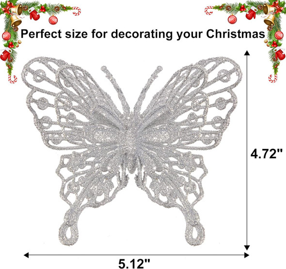 12 PCS Glitter Butterfly Christmas Tree Ornaments, Hollow-Out Butterfly Christmas Decoration with Clips, Craft Xmas Ornaments, Christmas Tree, Wreath, Garland, Home Decorations, Silver