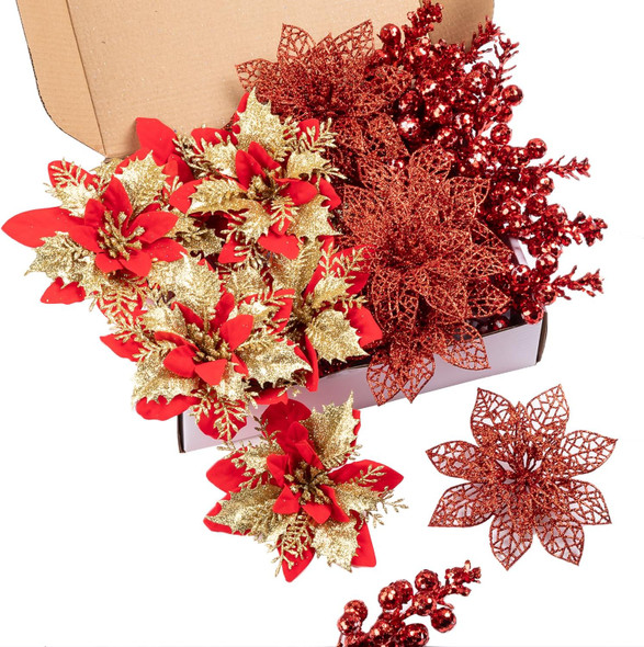 24Pcs Christmas Poinsettia Artificial Flowers and Glitter Berries Kit, 2 Styles Total 16Pcs Christmas Tree Flowers Ornaments, 8Pcs Christmas Tree Picks for Wedding Holiday Decorations, Red Gold