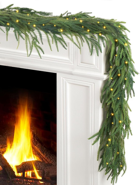 Jin&Bao 6FT Real Touch Norfolk Pine Garlands, Christmas Garland with Lights, Christmas Decorations for Mantel Stairs Table Runner Outdoor Indoor Winter Decor, 50 LED with Timer 8 Modes