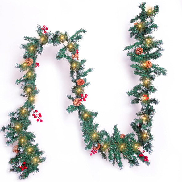 Christmas Garland with Lights,9FT Christmas Decorations Pine Garland with 50 Led Lights String,Lighted Garland for Indoor,Stairs, Railing, Outdoor,Home Decor
