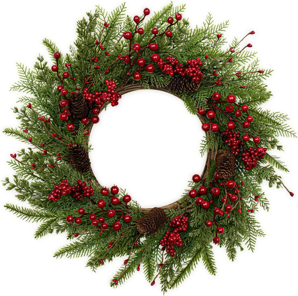 Artificial Christmas Wreath 22 Inch Christmas Wreaths for Front Door Winter Wreath with Red Berries Pine Cones Needles for Indoor Outdoor Xmas Winter Holidays