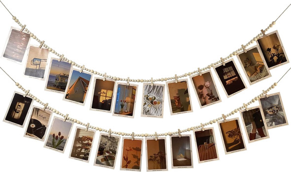 Hanging Photo Display with 12 Clips, Wooden Bead Garland 2PCS, Boho Style Collage Photo Frame Decoration for Dorms, Classrooms, Bedrooms