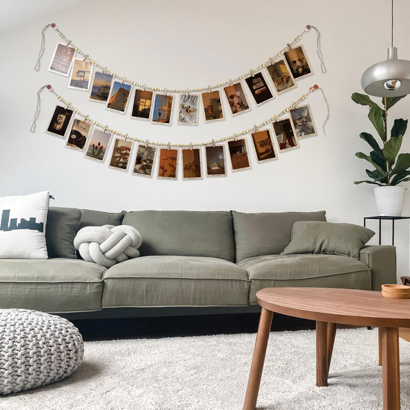 Hanging Photo Display with 12 Clips, Wooden Bead Garland 2PCS, Boho Style Collage Photo Frame Decoration for Dorms, Classrooms, Bedrooms