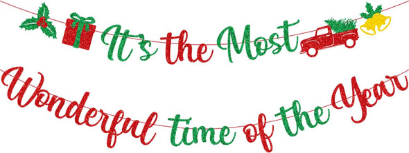 Red Green Glitter It's The Most Wonderful Time of The Year Banner with Holly Berry Xmas Tree Bells Christmas Holiday Party Banner Merry Christmas Holly Jolly Winter Party Mantle Decorations