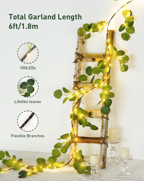 JMEXSUSS Artificial Eucalyptus Christmas Garland with Lights, 6FT Lighted Fall Garland Battery Operated with Timer, Artificial Vine Lights for Mantel Fireplace Autumn Wedding Christmas Decoration