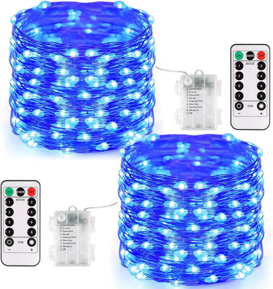 JMEXSUSS 2 Pack Blue Fairy Lights Battery Operated, Total 400 LED 132ft Christmas Fairy Lights with Remote, 8 Modes Blue String Lights for Christmas Tree Bedroom Xmas Wreath Patio Fireplace Decor