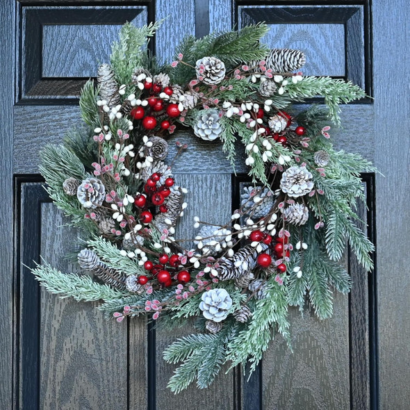 Christmas Wreath for Front Door, 24 inch Winter Wreaths with Natural Pine Cones, Red Berries,Spruce Branches,Xmas Indoor Outdoor Holiday Party Thanksgiving Decorations