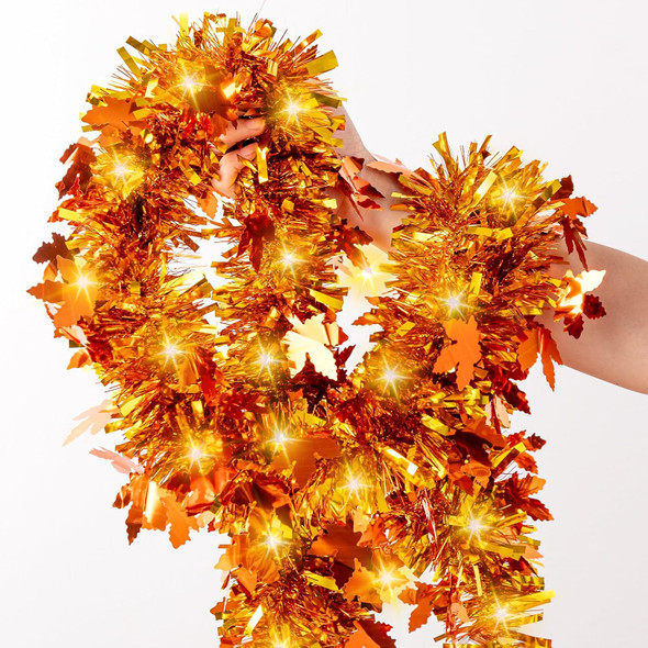 33FT Thanksgiving Tinsel Garland with LED Lights Golden Maple Leaf Metallic Twist Tinsel Garland Battery Operted Lighted Hanging Garland for Autumn Thanksgiving Halloween Party Decoration