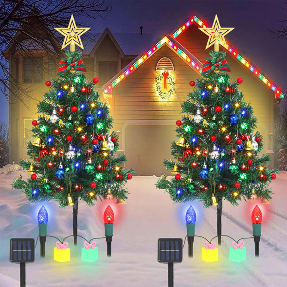 2 Pack Solar Christmas Tree Lights Outdoor with 60 Colorful LEDs 8 Modes Strawberry & Box Lights for Pathway Yard Grave Cemetery Outdoor Christmas Decor