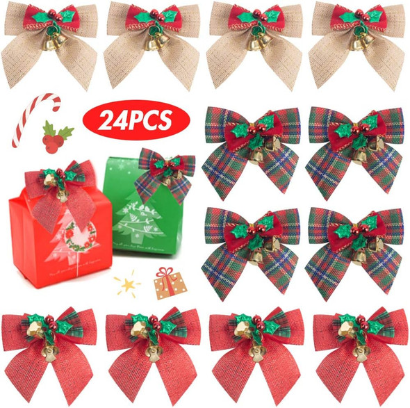 JOHOUSE Christmas Bow, 24pcs Christmas Wreath Christmas Tree Decoration s, with Iron Bells, 3.1 3.1 inch