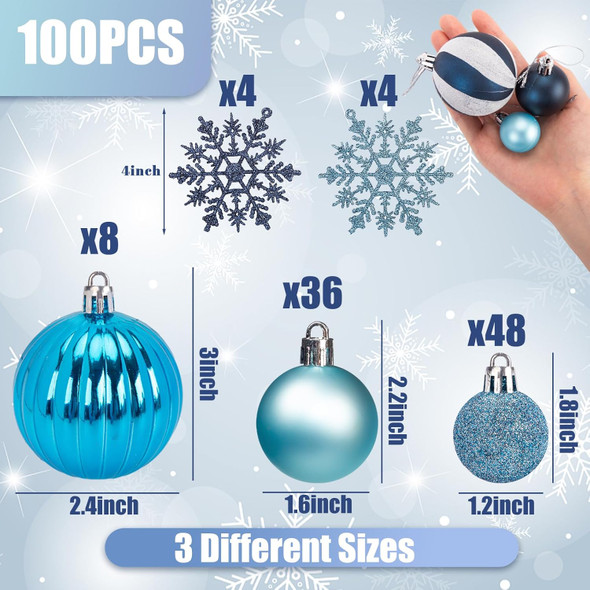 JOHOUSE 100PCS Christmas Ball Ornaments, Christmas Tree Decoration Shatterproof Blue Baubles Snowflakes Hanging Ornaments for Xmas Tree Wreath Christmas Party Wedding