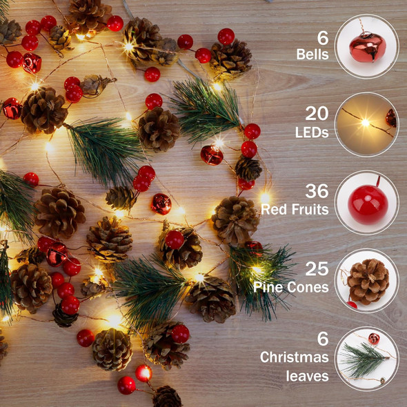 Christmas Garland with Lights,6.7FT/2m 20 LED Pinecone String Lights Battery Operated,Red Berry Bells Garland Lights for Mantle Fireplace Indoor Outdoor Xmas Decor (1Pack)