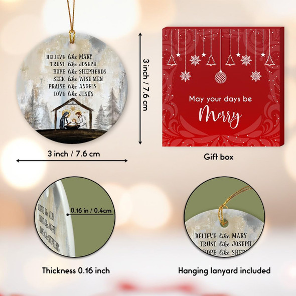 Nativity Christmas Ornaments - Believe Like Mary Trust Like Joseph Jesus Christmas Decorations - Round Ceramic Ornament for Christian s, Religious Christmas Ornaments, Nativity Decor