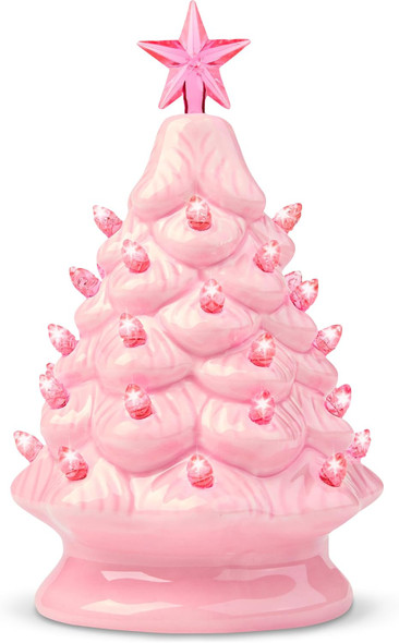 Joiedomi 7" Pink Ceramic Christmas Tree, Prelit Tabletop Christmas Tree with Extra Clear Top Star & Bulbs for Best Desk Decoration
