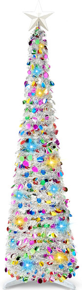 JOIEDOMI 5 Ft Pre-lit Pencil Christmas Tree, Pop up Christmas Tinsel Tree with Lights and Star, Skinny Collapsible Christmas Tree with Timer for Xmas Decorations Indoor Outdoor Holiday Party