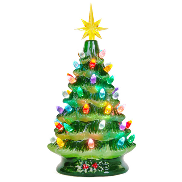 Joiedomi 12" Ceramic Christmas Tree, Table Top Christmas Tree with Flower Leaf, Vintage Pre-lit Xmas Tree with Multicolored LED Lights, Battery Operated Hand-Painted Christmas Decorations Indoor Home