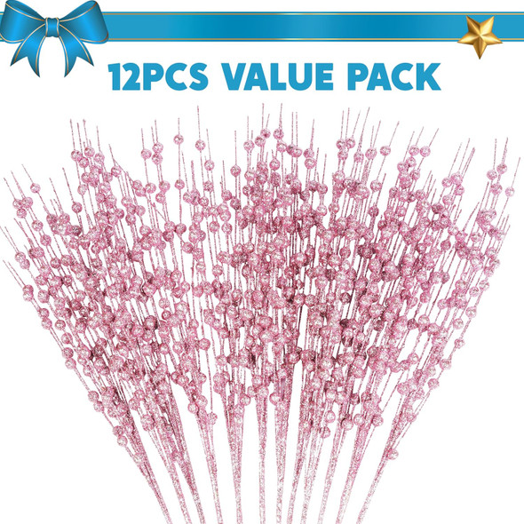 Joiedomi 12Pcs Glitter Berry Stem Ornaments, Christmas Decorative Bead Sticks, 17” Pink Artificial Glitter Twigs for Christmas Tree Decor, Wreath DIY Crafts, Holiday Party Supplies Wedding Decor(Pink)