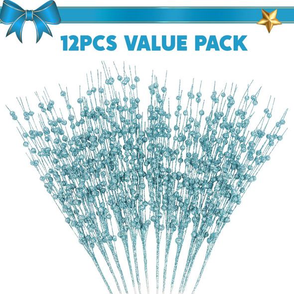 Joiedomi 12 Pcs Christmas Blue Glitter Berry Stems, 17'' Christmas Tree Picks, Xmas Wreath Ornaments Artificial Decorative Sticks, Glitter Twigs DIY Garland Crafts for Holiday Wedding Party Home Decor