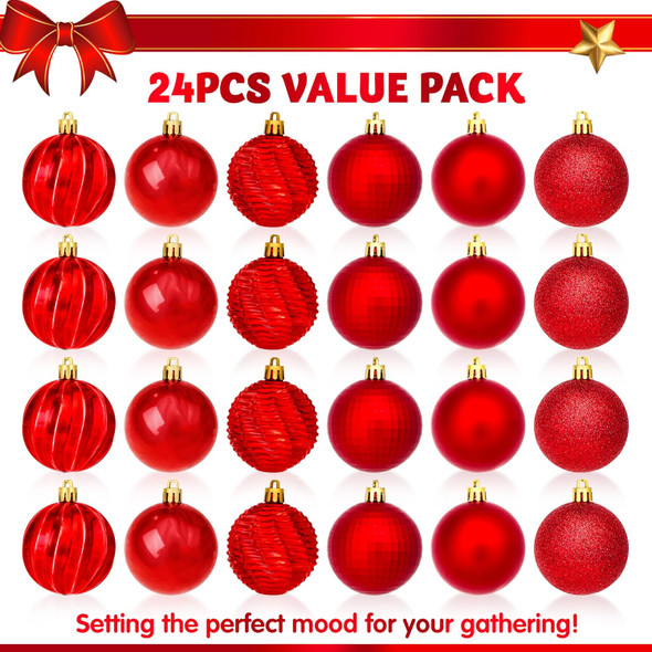 JOIEDOMI 24 Pcs Red Christmas Balls Ornaments Set, 2.36" Christmas Tree Ornaments Shatterproof, Christmas Balls Hanging Decorations for Xmas Tree Wreath Garland Holiday Wedding Indoor Party Decor
