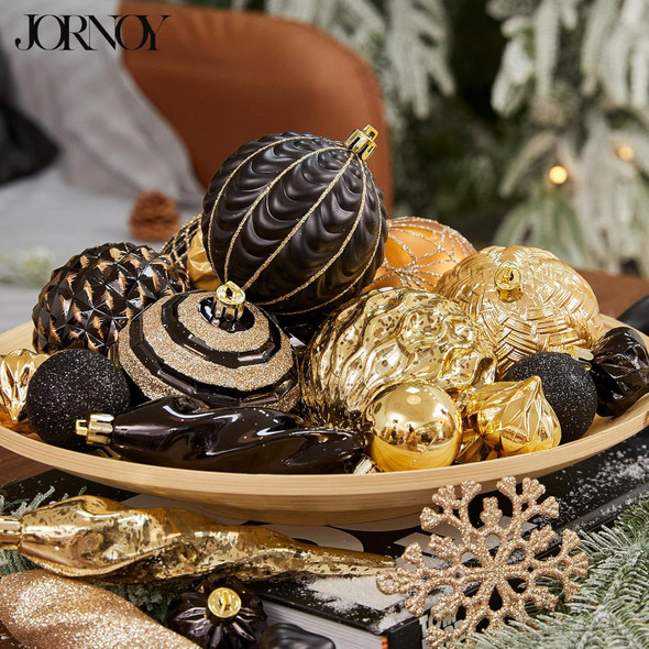 70CT Shatterproof Christmas Ornaments Set Xmas Tree Balls Decorative Ornaments with Hooks for Holiday Halloween Party Decorations, Black & Gold