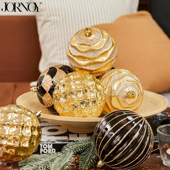 9-Pack 4 Inch/100MM Large Black Gold Christmas Ball Ornaments with Hooks for Xmas Tree Decoration and Holiday Winter Party Halloween Decorations