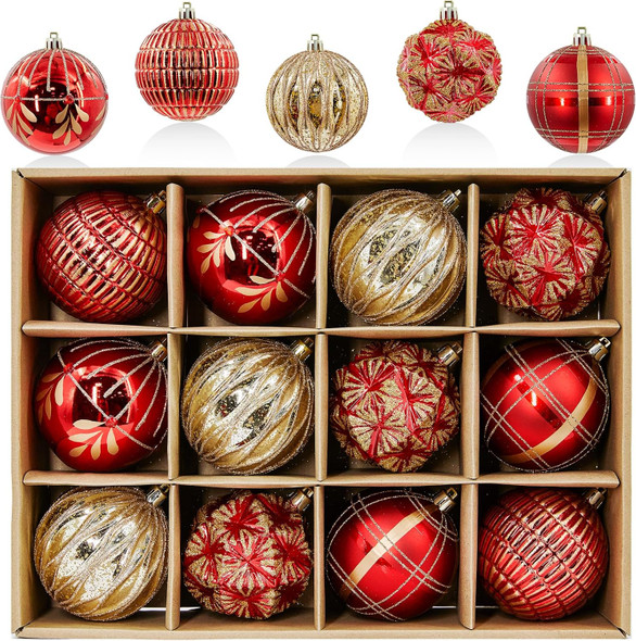 Christmas Ornaments 3.15In Shatterproof Christmas Tree Decorations Sets 12ct Xmas Hanging Ornaments Large Baubles Ornaments Decor for Xmas Tree, Red Gold